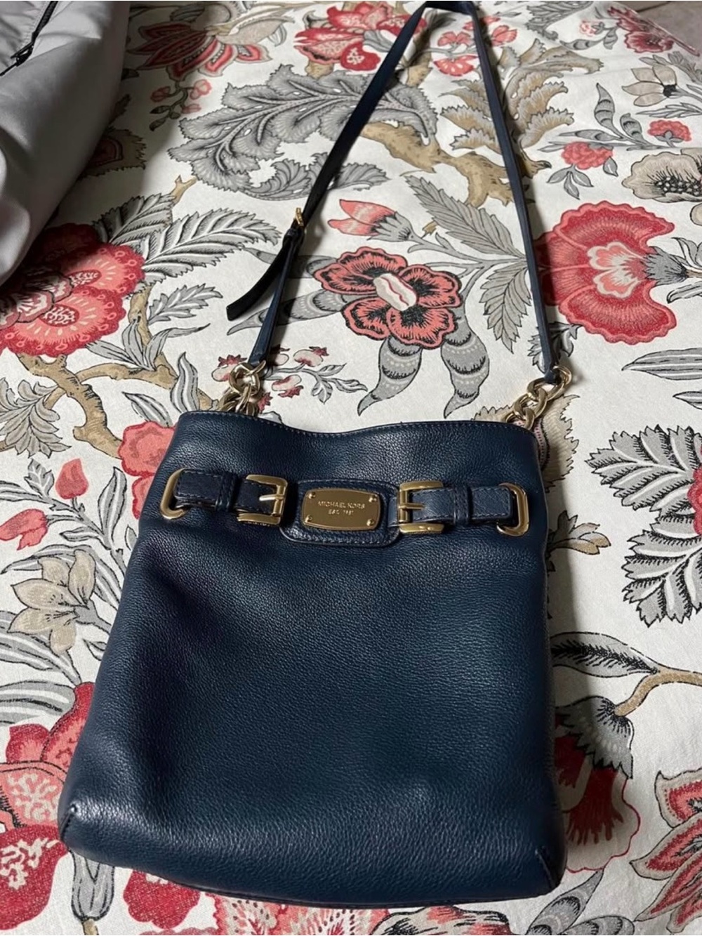 Michael Kors Navy Leather Pebbled Crossbody with Gold Hardware